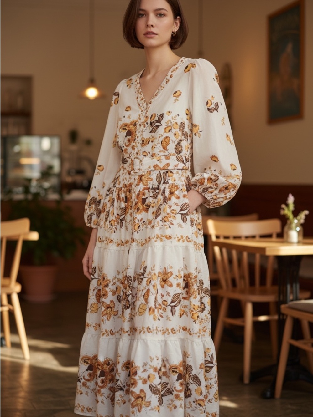 Cream Floral Maxi Dress with Belted Waist - Picture 3 of 7